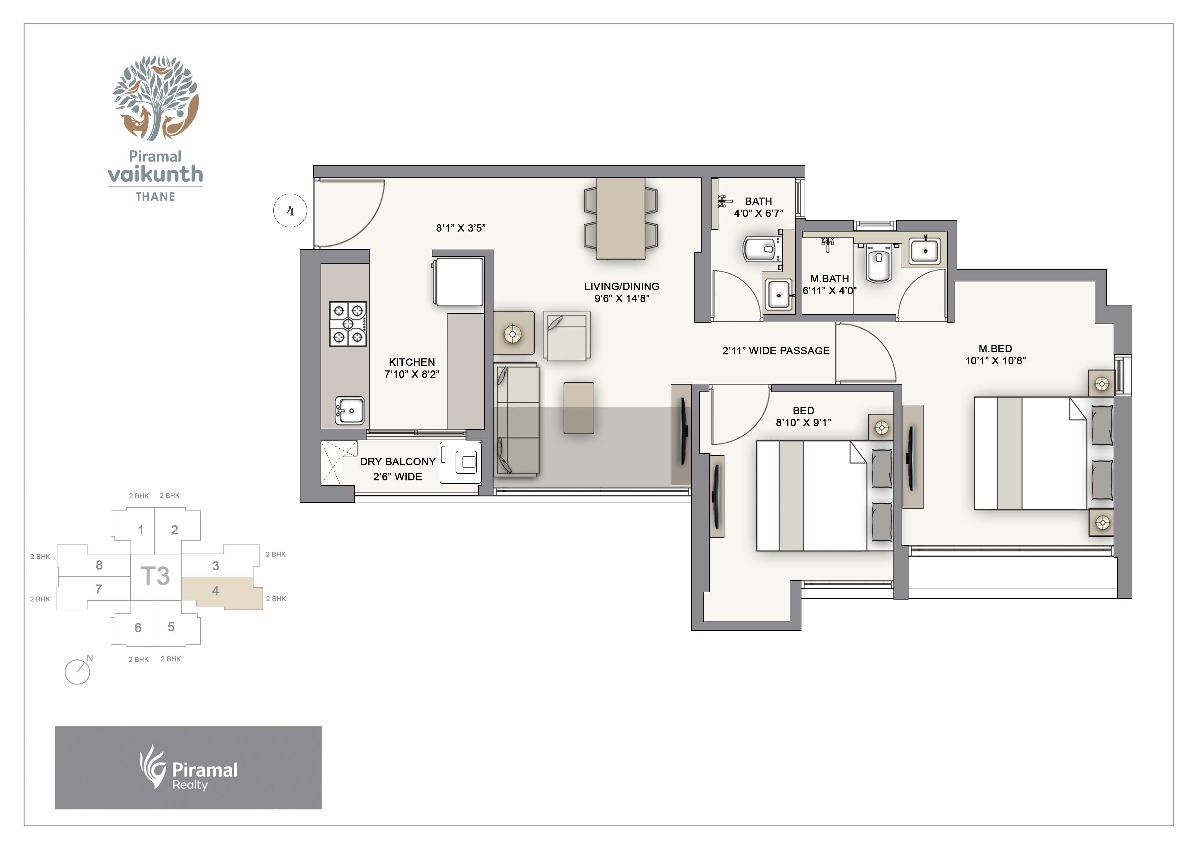 Floor plan of 2 BHK 555 Sq. Ft. Apartment in Piramal Vaikunth Vraj, Thane