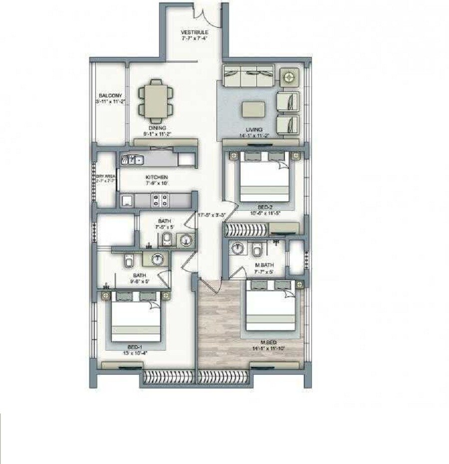 Floor plan of 3 BHK 1056 Sq. Ft. Apartment in Piramal Vaikunth Vraj, Thane