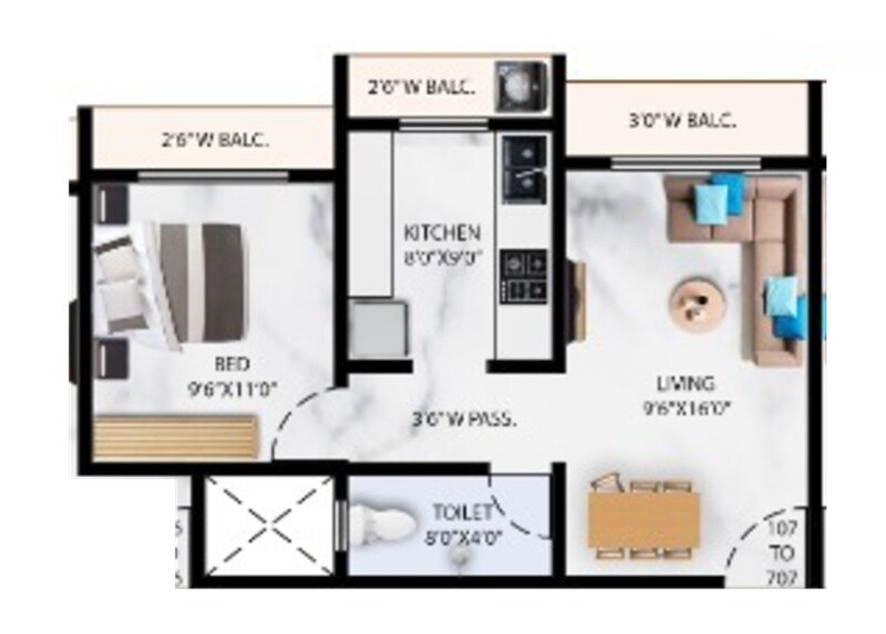Floor plan of 1 BHK 337 Sq. Ft. Apartment in Planacres Amara, Thane