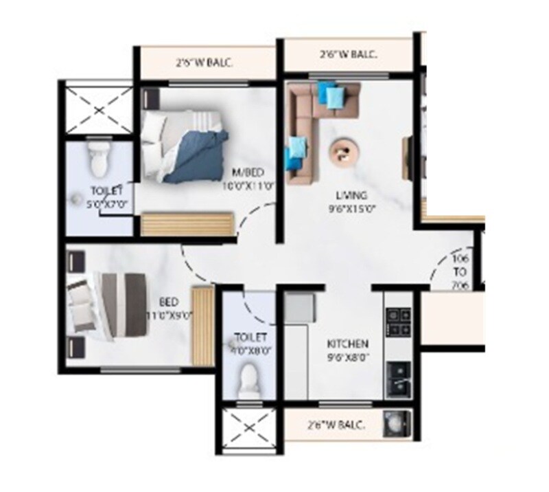 Floor plan of 2 BHK 632 Sq. Ft. Apartment in Planacres Amara, Thane