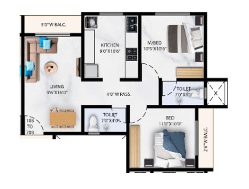 Floor plan of 2 BHK 664 Sq. Ft. Apartment in Planacres Amara, Thane