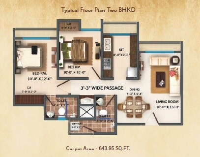 Floor plan of 2 BHK 673 Sq. Ft. Apartment in Platinum Heritage, Thane