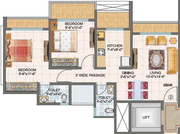 Floor plan of 2 BHK 620 Sq. Ft. Apartment in PNK Imperial Heights, Thane