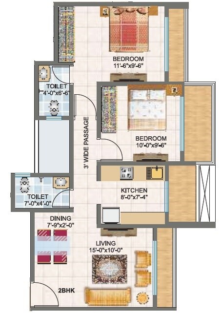 Floor plan of 2 BHK 620 Sq. Ft. Apartment in PNK Imperial Heights Mumbai, Thane