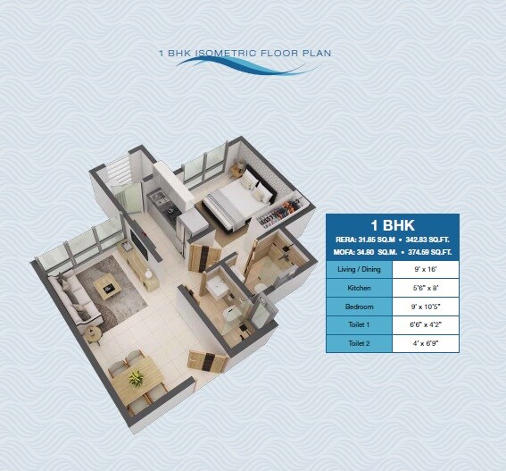 Floor plan of 1 BHK 342 Sq. Ft. Apartment in Poddar Codename Big Leap, Thane
