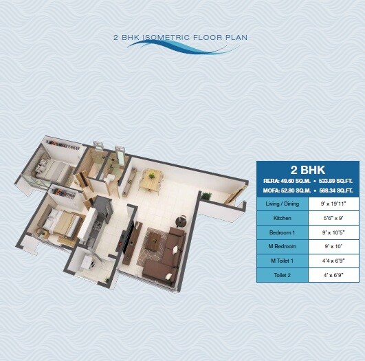 Floor plan of 2 BHK 533 Sq. Ft. Apartment in Poddar Codename Big Leap, Thane