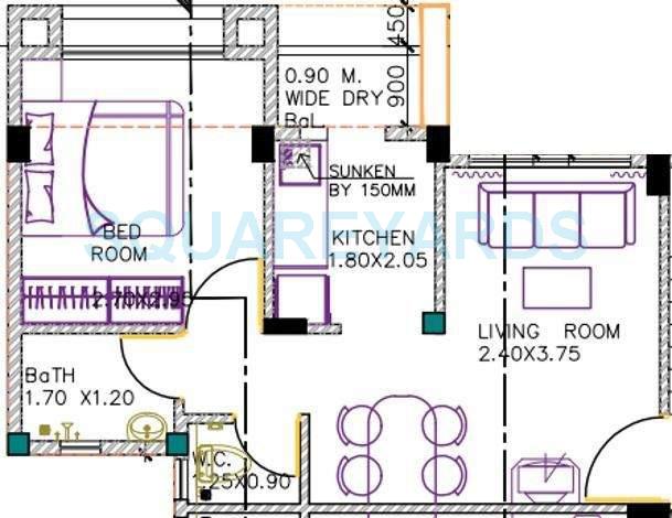 Floor plan of 1 BHK 450 Sq. Ft. Apartment in Poddar Housing Navjeevan, Thane