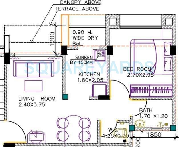 Floor plan of 1 BHK 560 Sq. Ft. Apartment in Poddar Housing Navjeevan, Thane