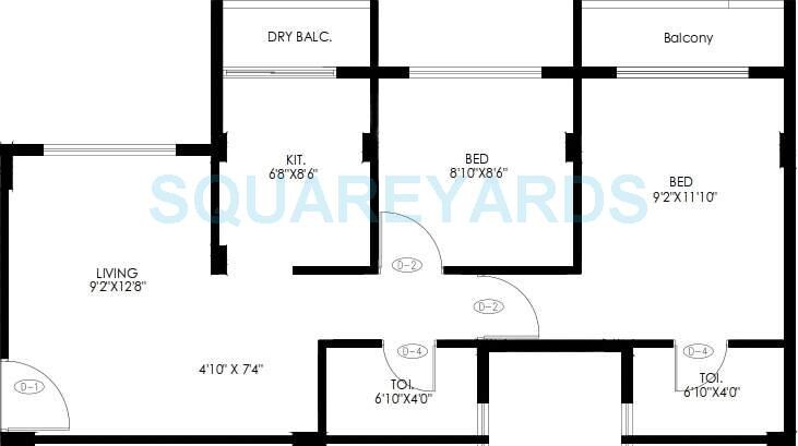 Floor plan of 2 BHK 652 Sq. Ft. Apartment in Poddar Housing Samruddhi Evergreens, Thane
