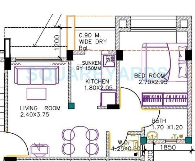 Floor plan of 1 BHK 560 Sq. Ft. Apartment in Poddar Navjeevan, Thane