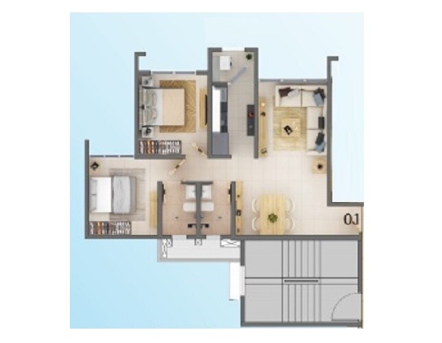 Floor plan of 2 BHK 518 Sq. Ft. Apartment in Poddar Riviera, Thane