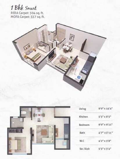 Floor plan of 1 BHK 304 Sq. Ft. Apartment in Poddar Wondercity Phase 3, Thane