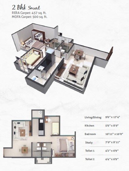 Floor plan of 2 BHK 457 Sq. Ft. Apartment in Poddar Wondercity Phase VI, Thane