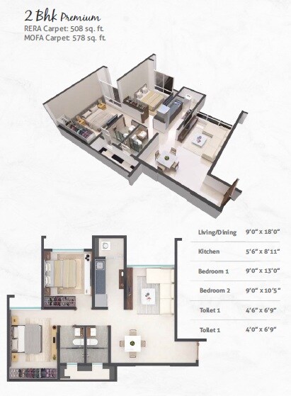 Floor plan of 2 BHK 508 Sq. Ft. Apartment in Poddar Wondercity Phase VI, Thane