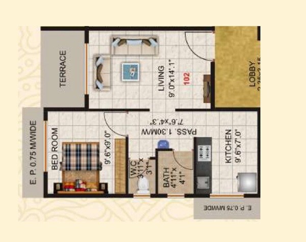 Floor plan of 1 BHK 270 Sq. Ft. Apartment in Pokhriyal Paradise, Thane
