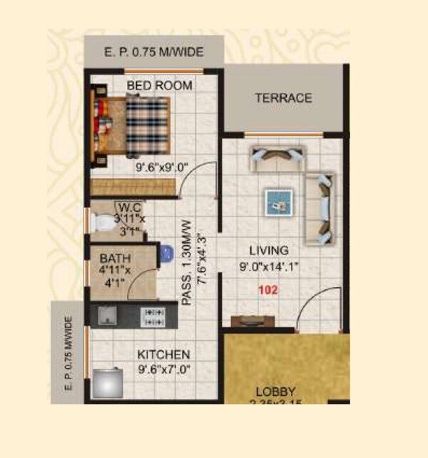 Floor plan of 1 BHK 324 Sq. Ft. Apartment in Pokhriyal Paradise, Thane