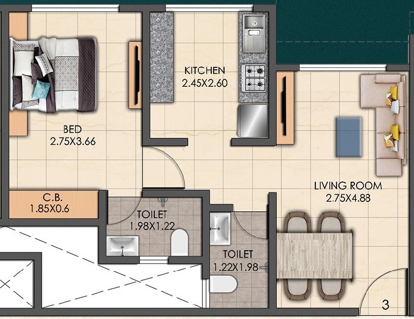 Floor plan of 1 BHK 437 Sq. Ft. Apartment in Prabhat Mangeshi Era, Thane