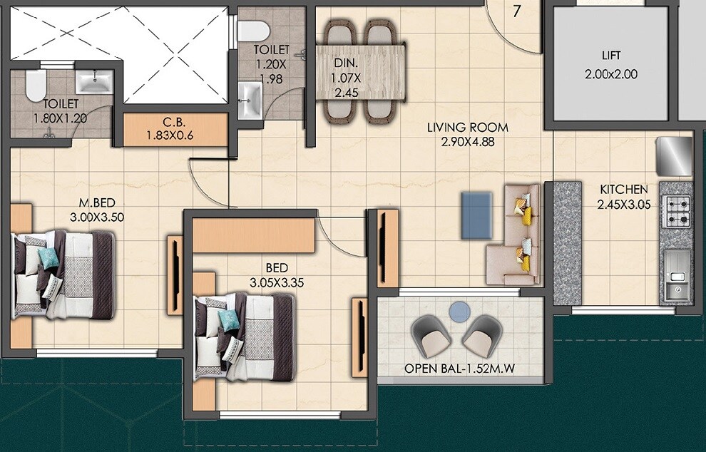 Floor plan of 2 BHK 662 Sq. Ft. Apartment in Prabhat Mangeshi Era, Thane