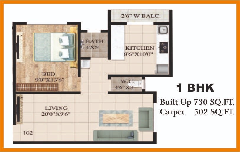 Floor plan of 1 BHK 502 Sq. Ft. Apartment in Prachi Om Trimurti Darshan, Thane