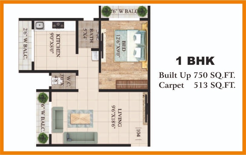 Floor plan of 1 BHK 513 Sq. Ft. Apartment in Prachi Om Trimurti Darshan, Thane