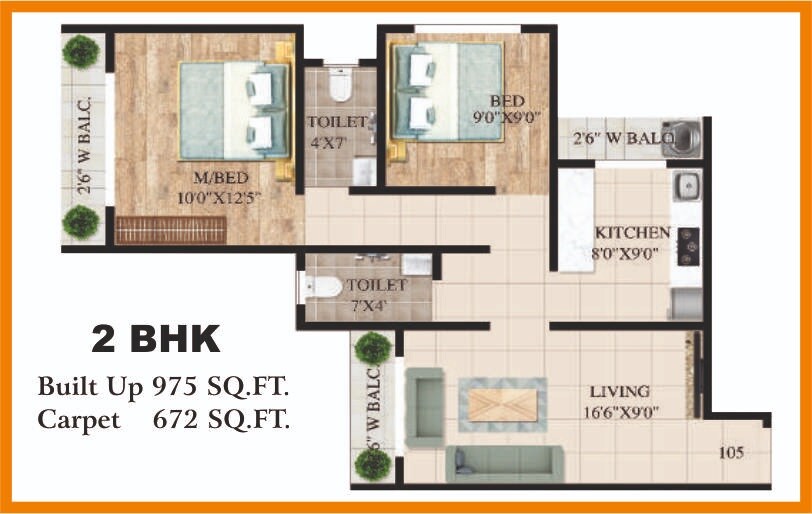 Floor plan of 2 BHK 672 Sq. Ft. Apartment in Prachi Om Trimurti Darshan, Thane