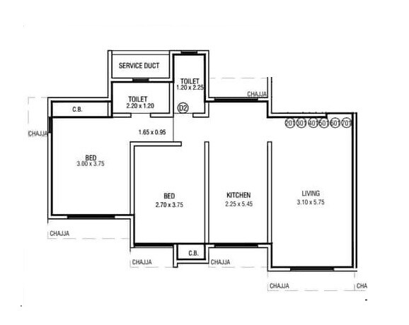 Floor plan of 2 BHK 760 Sq. Ft. Apartment in Pranav Enclave, Thane