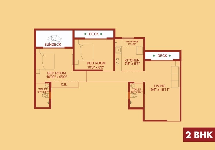 Floor plan of 2 BHK 623 Sq. Ft. Apartment in Pranjee Garden City, Thane