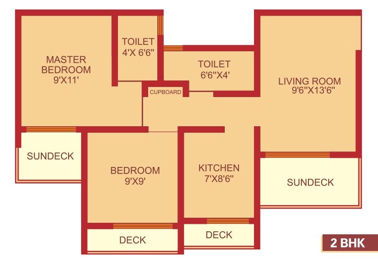 Floor plan of 2 BHK 580 Sq. Ft. Apartment in Pranjee Garden City, Thane