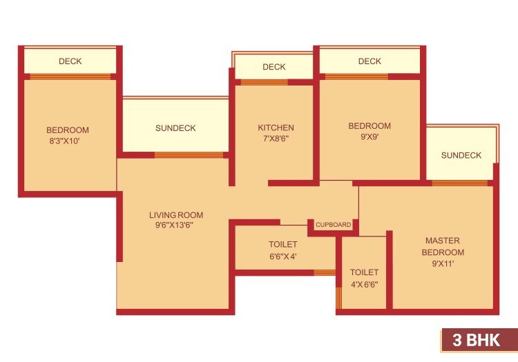 Floor plan of 3 BHK 744 Sq. Ft. Apartment in Pranjee Garden City, Thane
