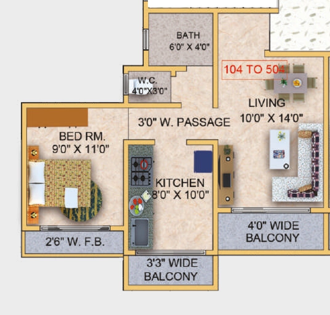Floor plan of 1 BHK 407 Sq. Ft. Apartment in Prasad Sai Sadan Apartments, Thane