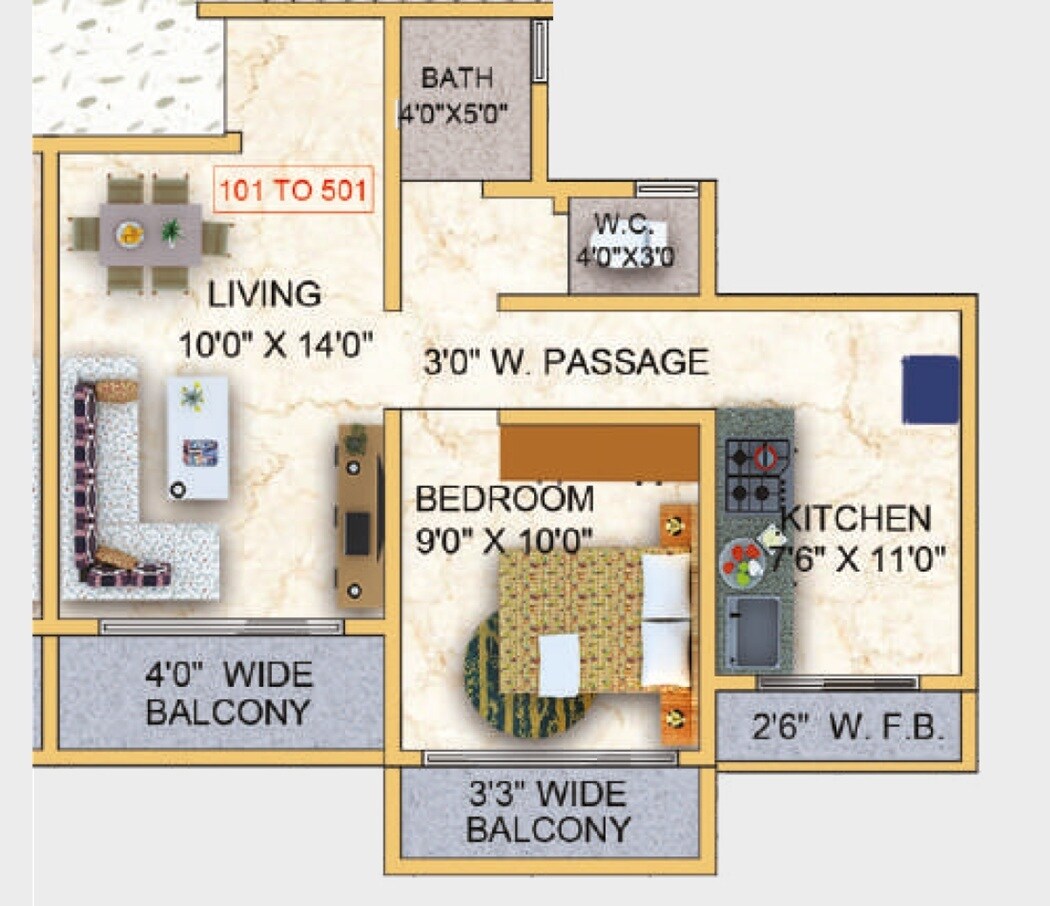 Floor plan of 1 BHK 516 Sq. Ft. Apartment in Prasad Sai Sadan Apartments, Thane
