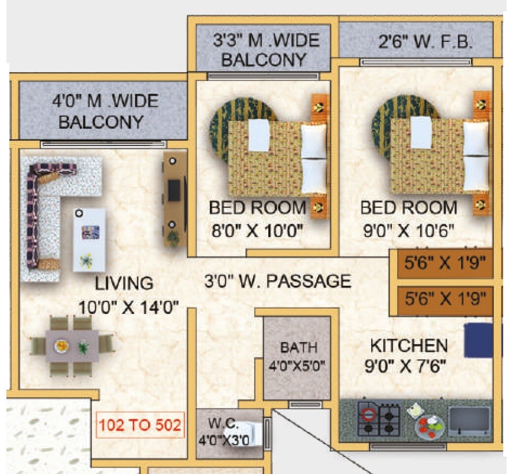 Floor plan of 2 BHK 536 Sq. Ft. Apartment in Prasad Sai Sadan Apartments, Thane