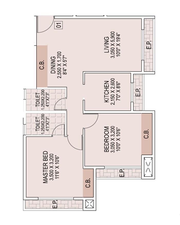 Floor plan of 2 BHK 702 Sq. Ft. Apartment in Prathemesh Yug Heights, Thane