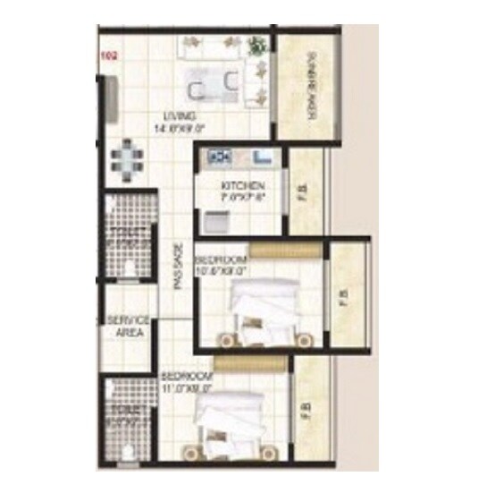 Floor plan of 2 BHK 600 Sq. Ft. Apartment in Precious Harmony, Thane