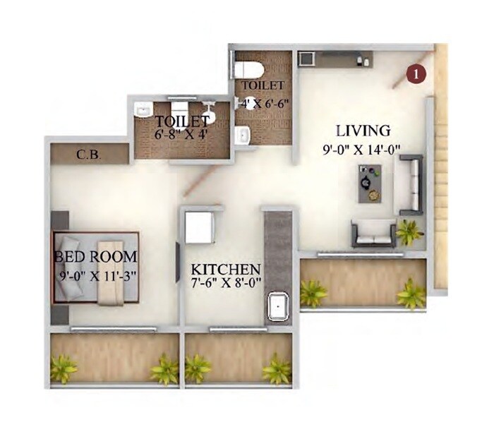 Floor plan of 1 BHK 381 Sq. Ft. Apartment in Precious Harmony NX, Thane