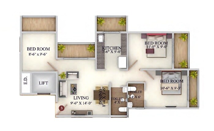 Floor plan of 3 BHK 621 Sq. Ft. Apartment in Precious Harmony NX, Thane