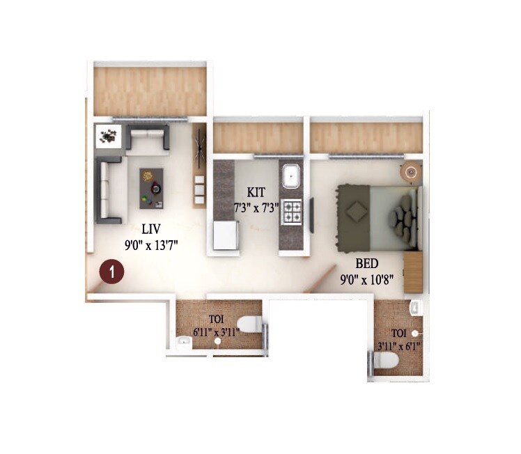 Floor plan of 1 BHK 409 Sq. Ft. Apartment in Precious Icon, Thane