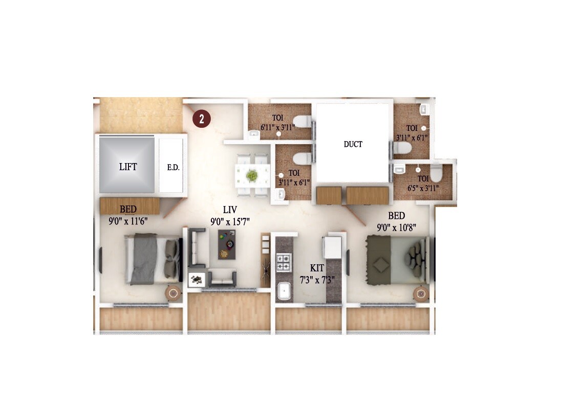 Floor plan of 2 BHK 612 Sq. Ft. Apartment in Precious Icon, Thane