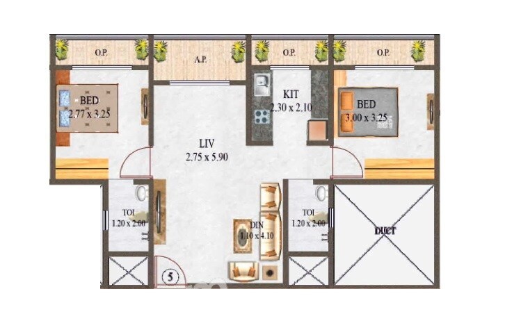 Floor plan of 2 BHK 555 Sq. Ft. Apartment in Precious Imperial, Thane