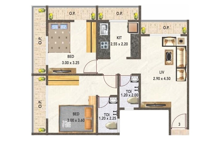 Floor plan of 2 BHK 699 Sq. Ft. Apartment in Precious Imperial, Thane