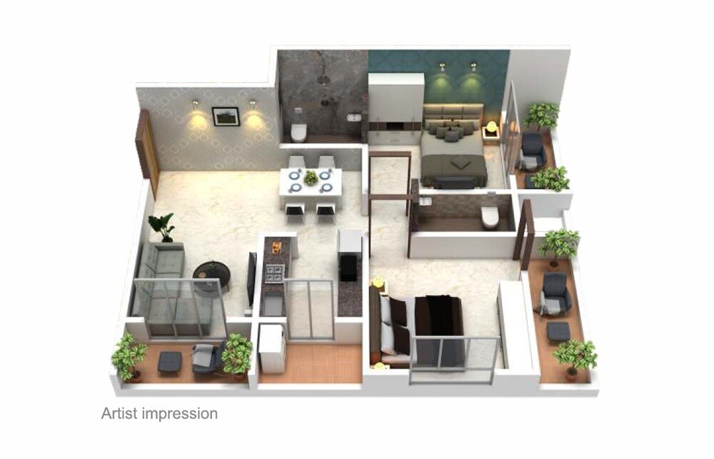 Floor plan of 2 BHK 634 Sq. Ft. Apartment in Precious Infinity, Thane