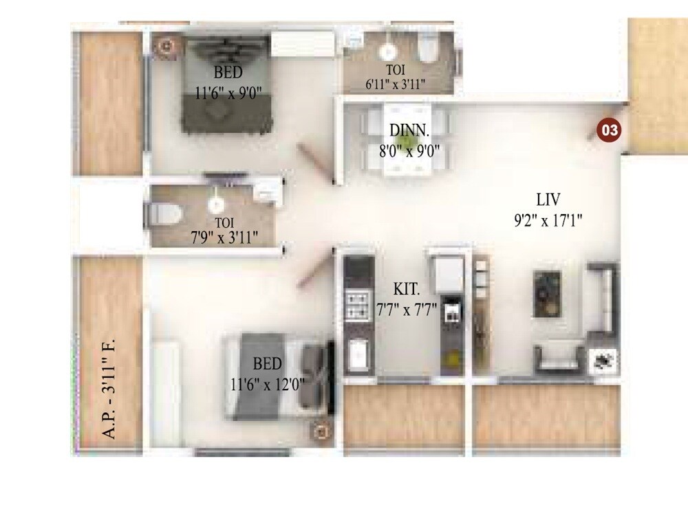 Floor plan of 2 BHK 645 Sq. Ft. Apartment in Precious Infinity, Thane
