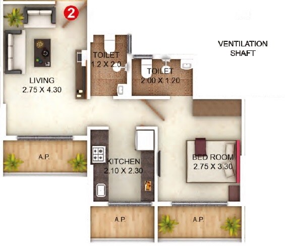 Floor plan of 1 BHK 365 Sq. Ft. Apartment in Precious Meadows, Thane