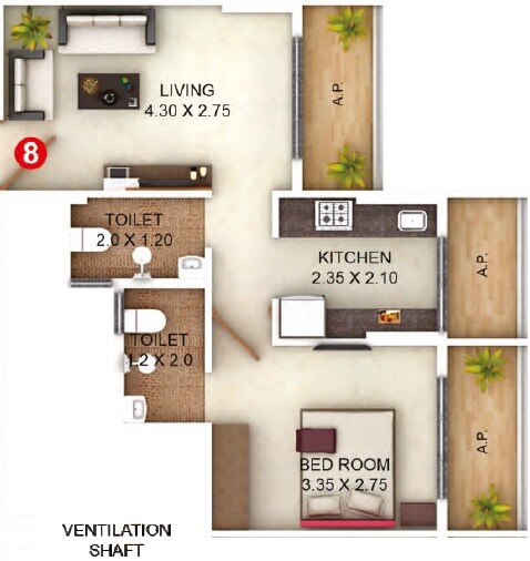 Floor plan of 1 BHK 425 Sq. Ft. Apartment in Precious Meadows, Thane