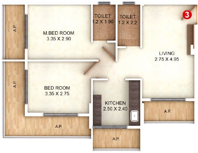 Floor plan of 2 BHK 540 Sq. Ft. Apartment in Precious Meadows, Thane
