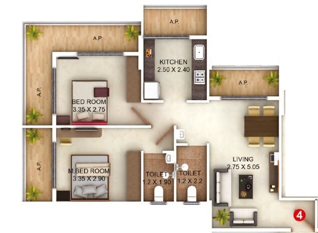Floor plan of 2 BHK 640 Sq. Ft. Apartment in Precious Meadows, Thane