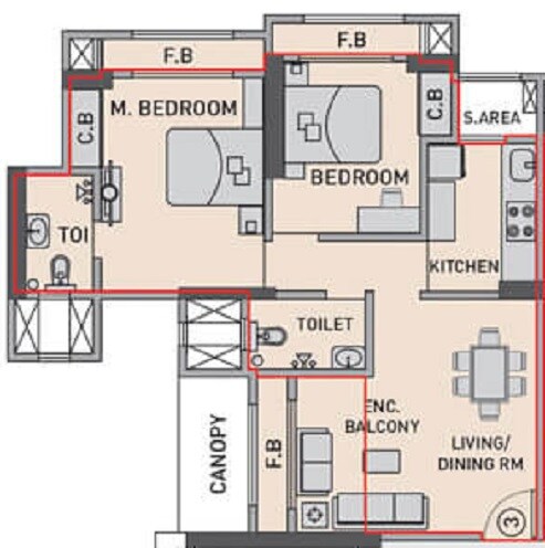 Floor plan of 2 BHK 654 Sq. Ft. Apartment in Prescon Silver Oak At Prestige Residency, Thane