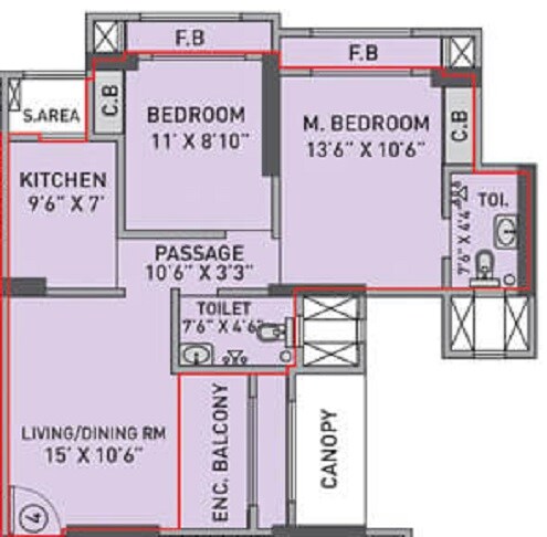 Floor plan of 2 BHK 753 Sq. Ft. Apartment in Prescon Silver Oak At Prestige Residency, Thane