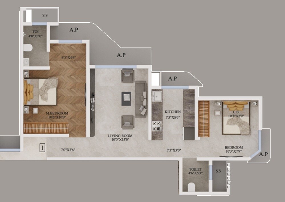 Floor plan of 2 BHK 654 Sq. Ft. Apartment in Pride Dreams Paradise, Thane