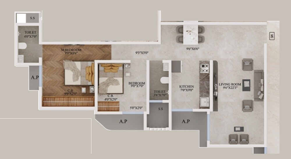 Floor plan of 2 BHK 791 Sq. Ft. Apartment in Pride Dreams Paradise, Thane